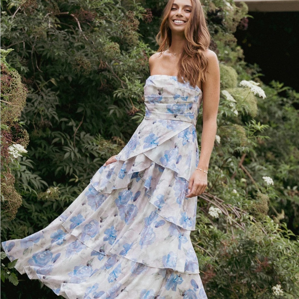 Petal & Pup Strapless Blue Floral Ruffled Maxi Dress